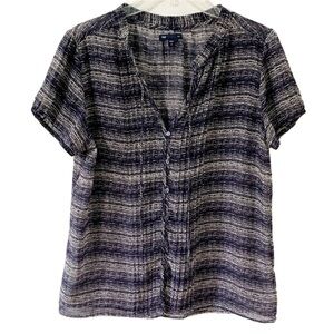 GAP Factory Semi Sheer Short Sleeve Button Front Blouse Pleats Front Tie Closure